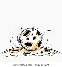 A stylized illustration depicts a cratered moon resting on a similarly textured surface, set against a backdrop of stars.