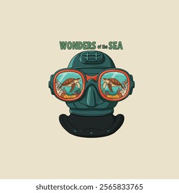 A stylized illustration depicts a diving helmet with underwater scenes of sea turtles and coral reefs reflected in the goggles.