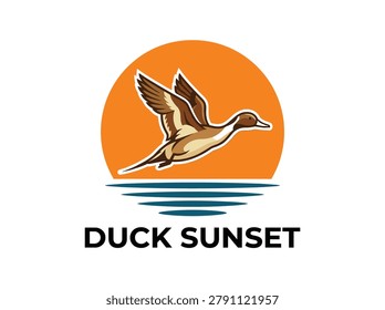 A stylized illustration depicts a duck in flight against a vibrant sunset and water, creating a peaceful scene.