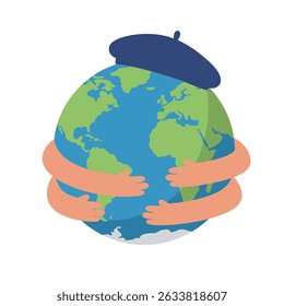 A stylized illustration depicts the Earth being embraced by two sets of arms, wearing a blue beret.