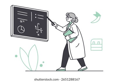 A stylized illustration depicts a female scientist wearing glasses and a lab coat, actively teaching by pointing at a chalkboard with mathematical equations and scientific symbols.