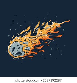 A stylized illustration depicts a fiery meteoroid streaking across a dark space background with stars.