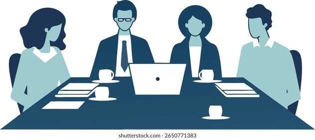 A stylized illustration depicts four individuals, two men and two women, engaged in a meeting. They are seated around a dark blue table with a laptop, papers, and coffee cups.