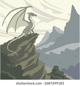 A stylized illustration depicts a gray dragon with large wings perched on a jagged, moss-covered rock formation. 