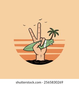 A stylized illustration depicts a hand holding a surfboard forming a peace sign against a sunset backdrop with a palm tree and birds.