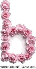 A stylized illustration depicts the letter "B" formed by a collection of light pink roses, their soft petals overlapping to create a visually appealing floral arrangement.
