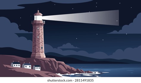 A stylized illustration depicts a lighthouse shining brightly across a dark, starry night sky, guiding ships safely along the coastline.