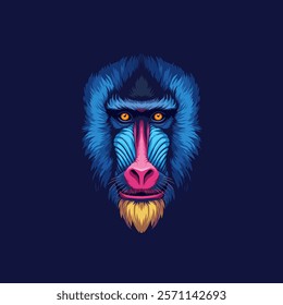 A stylized illustration depicts a mandrill's face in vibrant blue pink and yellow hues.