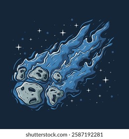 A stylized illustration depicts a meteoroid blazing through space leaving a fiery trail among the stars.