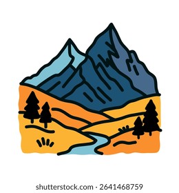 A stylized illustration depicts a mountain range, a winding river, and evergreen trees in a vibrant color palette.  The style is bold and graphic.