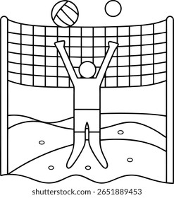 A stylized illustration depicts a person with arms raised playing volleyball on a sandy court. A volleyball is in the air above the net, and another ball is visible in the background.