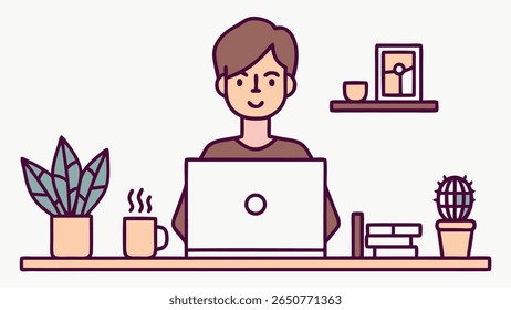 Uma ilustração estilizada mostra uma pessoa sentada em uma mesa, focada em seu notebook. O espaço de trabalho é adornado com uma planta em vaso, uma caneca fumegante de café e um pequeno cacto.