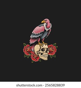 A stylized illustration depicts a pink vulture perched atop a human skull adorned with red roses a common motif in tattoo art.