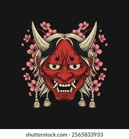 A stylized illustration depicts a red oni mask adorned with cherry blossoms against a dark background showcasing Japanese cultural elements.