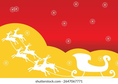 Uma ilustração estilizada retrata o trenó branco do Papai Noel e uma equipe de renas brancas em silhueta contra um fundo vibrante de gradiente vermelho e amarelo com flocos de neve caindo.