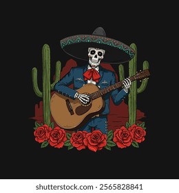 A stylized illustration depicts a skeleton mariachi playing a guitar surrounded by cacti and red roses, evocative of Dia de los Muertos.