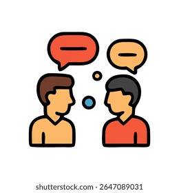 A stylized illustration depicts two men facing each other, speech bubbles above them indicating disagreement.