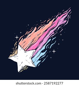 A stylized illustration depicts a white star streaking across a dark night sky leaving a vibrant, colorful trail.