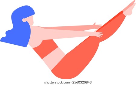 Stylized illustration depicts a woman with blue hair holding a yoga boat pose, showcasing balance, strength, and mindfulness in her practice