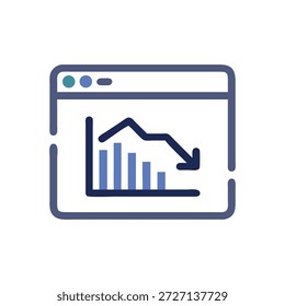A stylized illustration of a descending bar graph within a website window, rendered in a flat, minimalist design.