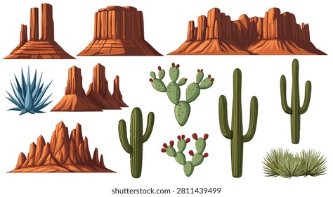 Stylized illustration of desert rock formations, cacti, and vegetation against a white background.