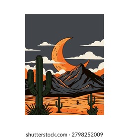 A stylized illustration of a desert scene featuring a large cactus, mountains, and a crescent moon set against a dark sky with clouds, showcasing warm orange and gray hues with bold black outlines.