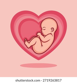 A stylized illustration of a developing human fetus or embryo curled up inside a vibrant pink heart shape, symbolizing love, care, and new life.