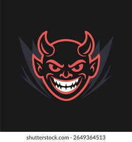 A stylized illustration of a devil's head, grinning with sharp teeth and horns, set against a dark background with stylized wing-like elements.