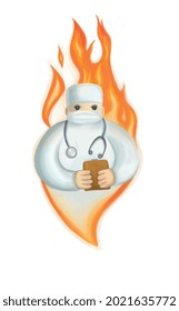 A stylized illustration of a doctor against a background of flames. 
