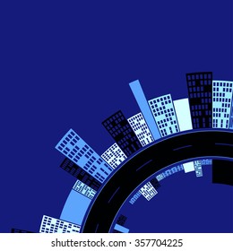 a stylized illustration of a downtown curve, with a city skyline on each side of the road, on a dark blue night.