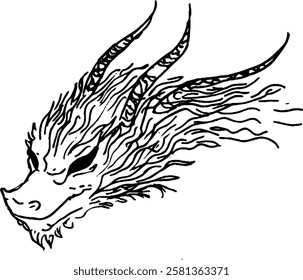 A stylized illustration of a dragon's head with flowing mane and prominent horns. The design features intricate line work, giving it a mythical and artistic appearance.