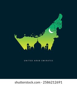 A stylized illustration of Dubai map with a mosque skyline silhouette and a crescent moon against a green-to-yellow night sky, evoking an Islamic cultural theme. Eid Mubarak for Dubai and muslim people. 