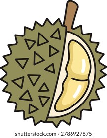 A stylized illustration of a durian fruit, partially opened to reveal its creamy yellow flesh and segments.