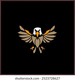 Stylized illustration of an eagle with open wings in shades of brown, beige, and orange on a black background.