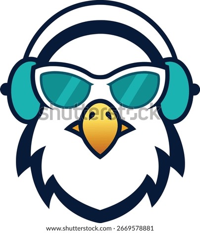 A stylized illustration of an eagle's head wearing teal headphones and cool sunglasses, with a golden beak.