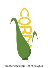 Stilisierte Illustration eines Maisohrs mit dem Wort CORN vertikal in gelben Buchstaben geschrieben, integriert in das Maisdesign mit grünen Schalen