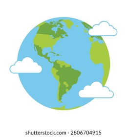 A stylized illustration of the Earth with clouds, showcasing the green landmasses and blue oceans, ideal for educational or environmental themes.