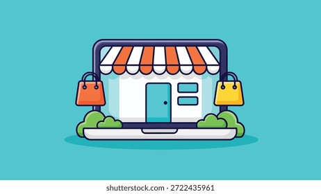 Una ilustración estilizada de una tienda de comercio electrónico que se muestra en una computadora portátil, con bolsas de compras y vegetación.