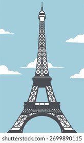 A stylized illustration of the Eiffel Tower against a blue sky with clouds.
