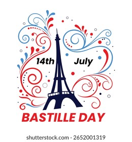 Ilustração estilizada da Torre Eiffel em azul escuro, colocada sobre um fundo branco com redemoinhos e pontos decorativos vermelhos e azuis, celebrando o Dia da Bastilha em 14 de julho