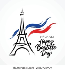 Stylized illustration of the Eiffel Tower with French flag colors and Bastille Day celebration message.