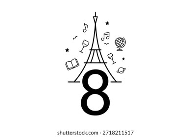 Una ilustración estilizada de la Torre Eiffel con un Grande número 8 y varios íconos que representan el arte, la música, la literatura y los viajes.
