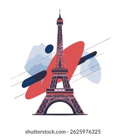 Ilustração estilizada da torre eiffel em paris com elementos de traçado de pincel colorido abstrato