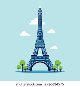 Eine stilisierte Illustration des Eiffelturms in Paris, Frankreich, an einem klaren blauen Himmel mit Wolken und Bäumen.