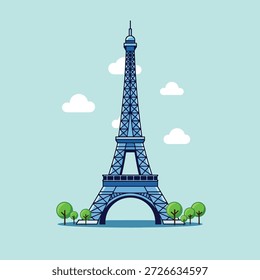 Eine stilisierte Illustration des Eiffelturms in Paris, Frankreich, mit Wolken und Bäumen.