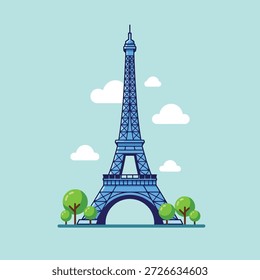 Una ilustración estilizada de la Torre Eiffel en París, Francia, con árboles y nubes.