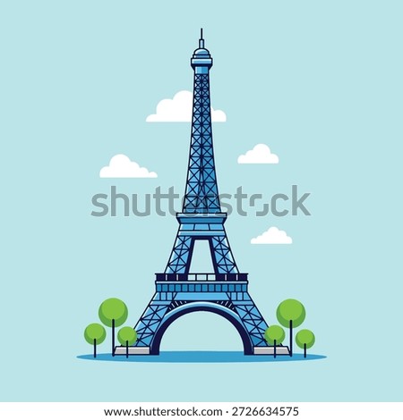 A stylized illustration of the Eiffel Tower in Paris, France, set against a clear blue sky with clouds and trees.