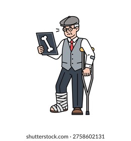 Stylized illustration of an elderly man with a broken leg in a cast, holding an X-ray and using a crutch. Features flat design, clear lines, and a stark white background. Ideal for medical, insurance, or legal service promotions.