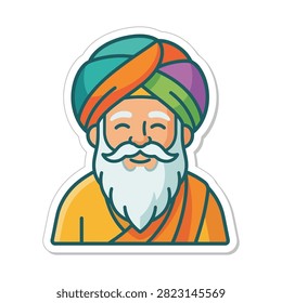 A stylized illustration of an elderly man with a white beard and mustache, wearing a vibrant turban and orange robes.
