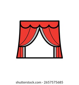 A stylized illustration of elegant red stage curtains, featuring a decorative swagged valance and vertical pleats, framing an open space.